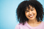 Face, smile and portrait of black woman on blue background with makeup, cosmetics and fashion mockup. Beauty, advertising and happy girl with copy space for retail sale, promotion news and discount