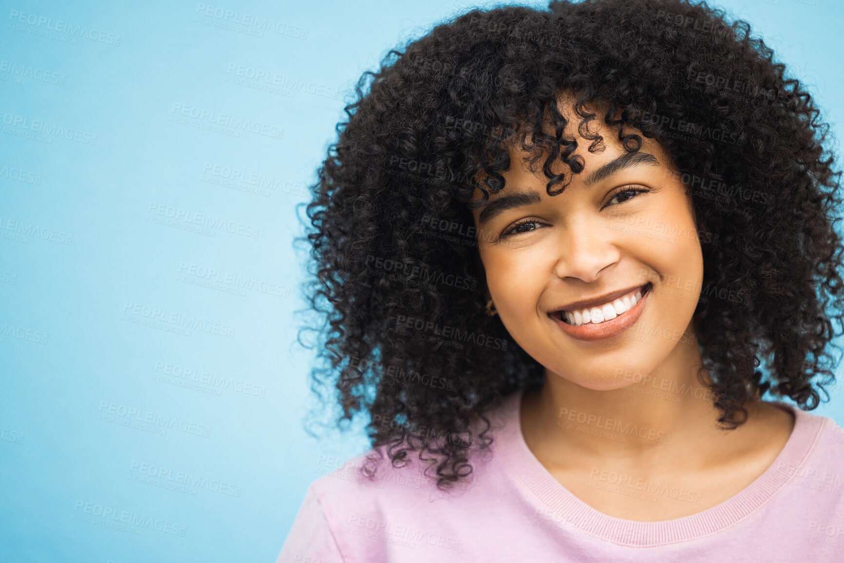 Buy stock photo Face, smile and portrait of black woman on blue background with makeup, cosmetics and fashion mockup. Beauty, advertising and happy girl with copy space for retail sale, promotion news and discount