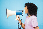 Megaphone noise announcement, shout and black woman protest for democracy vote, justice or human rights rally. Racism opinion, microphone speech and profile speaker isolated on blue background studio