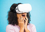 Black woman with virtual reality glasses, surprise and wow, VR and metaverse, futuristic tech isolated on blue background. Gaming, web and augmented reality, ux in studio and future technology mockup