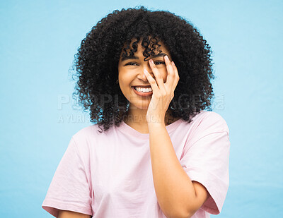 Buy stock photo Hands, smile and portrait of black woman on blue background with makeup, cosmetics and fashion mockup. Beauty, advertising and happy face of girl with copy space for sale, promotion news and discount