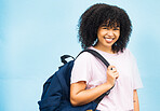 Portrait, student and woman with backpack in studio for travel, abroad and future dream on blue background. Face, girl and foreign exchange student excited for journey, experience and opportunity 