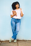 Wall, black woman and writer thinking, creative decision and focus for ideas, notes and happiness. African American female, young person and student with pen, daydreaming and notebook for project