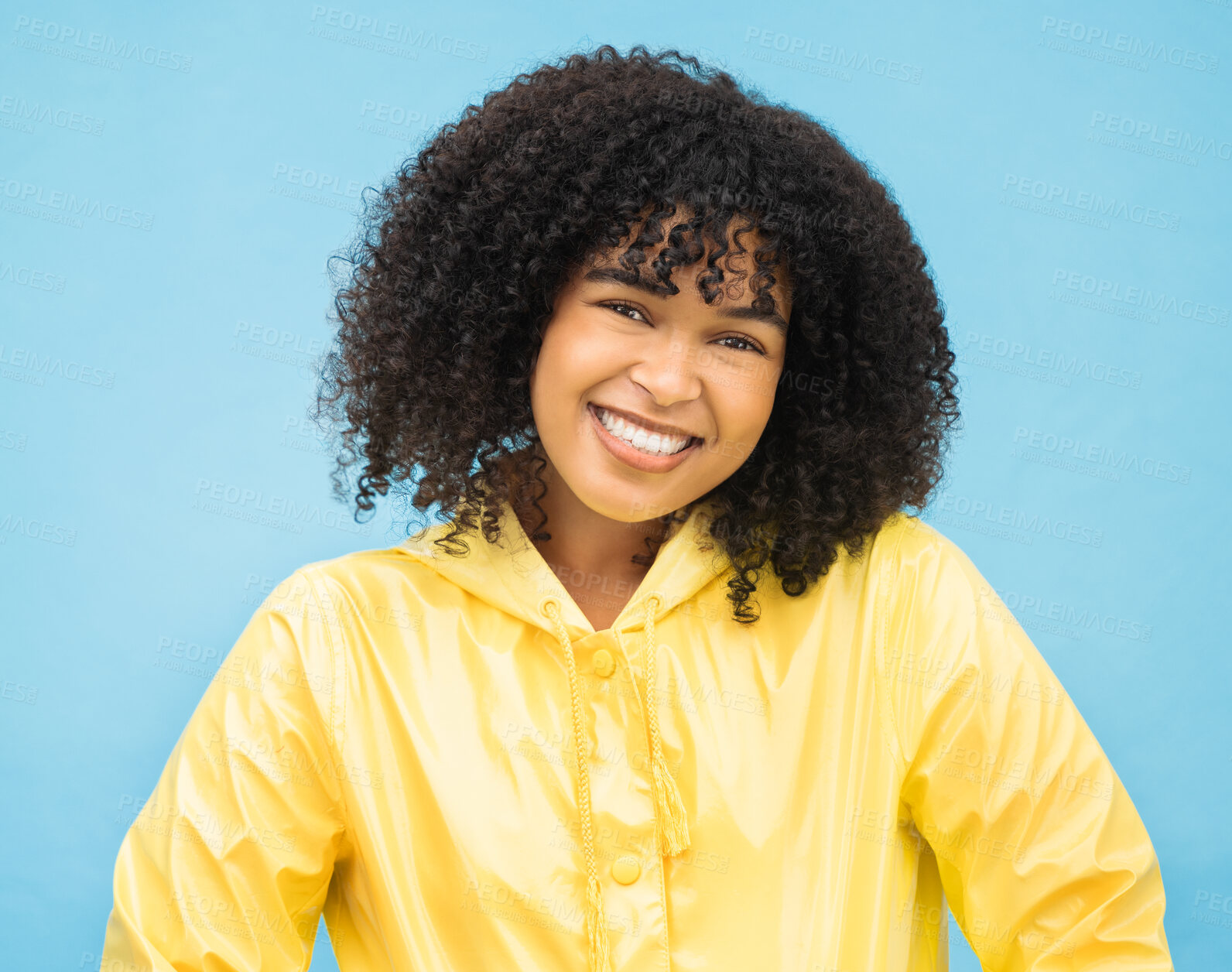 Buy stock photo Woman, smile and happy in portrait with fashion for winter, rain coat and beauty isolated on blue background. 
African person, happiness in studio and style with jacket, mockup and trendy headshot