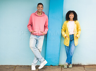 Buy stock photo Couple of friends, bonding or portrait on isolated blue background in fashion, afro hair trend or cool style clothes. Smile, happy man or black woman on mock up backdrop, city wall or Brazil mockup