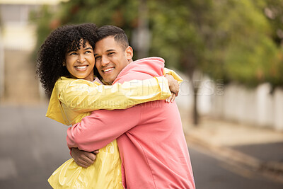 Buy stock photo Happy couple, bonding and portrait hug on city road, street or urban sidewalk in travel, people date or holiday break. Smile, man and black woman in love embrace, security or trust cuddle for support