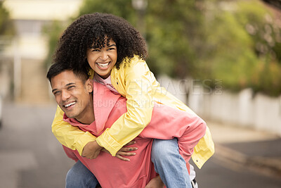 Buy stock photo Black couple, smile and piggyback of young people with love, care and freedom in a street. Urban, happy and free woman and man together with a holiday and happiness hug loving summer fun outdoor