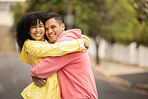 Happy black couple, hug and love portrait of people with care and bonding outdoor. Young woman, man and summer fun of people on a street walking with happiness embrace on vacation smiling together