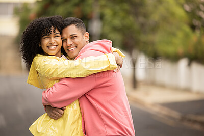 Buy stock photo Happy black couple, hug and love portrait of people with care and bonding outdoor. Young woman, man and summer fun on a street walking with happiness embrace on vacation smiling together