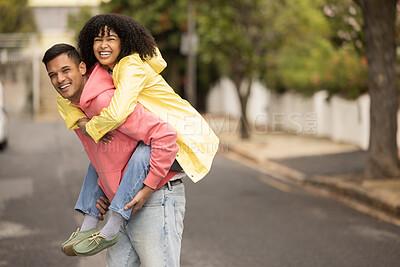 Buy stock photo Black couple, piggyback and portrait of young people with love, care and bonding in a street. Urban, happy and black woman and man together with a smile and happiness loving summer fun outdoor