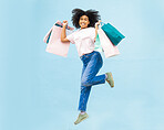 Happy, shopping and jump with portrait of black woman for spree, sale and summer discount. Retail therapy, spending and consumer deal with girl customer and bag for designer, products and purchase