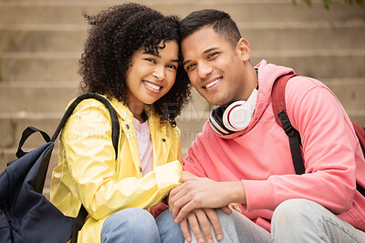 Buy stock photo Portrait, learning and stairs with student black couple sitting outdoor together on university campus. Love, education and college with a man and woman bonding on steps while relaxing outside