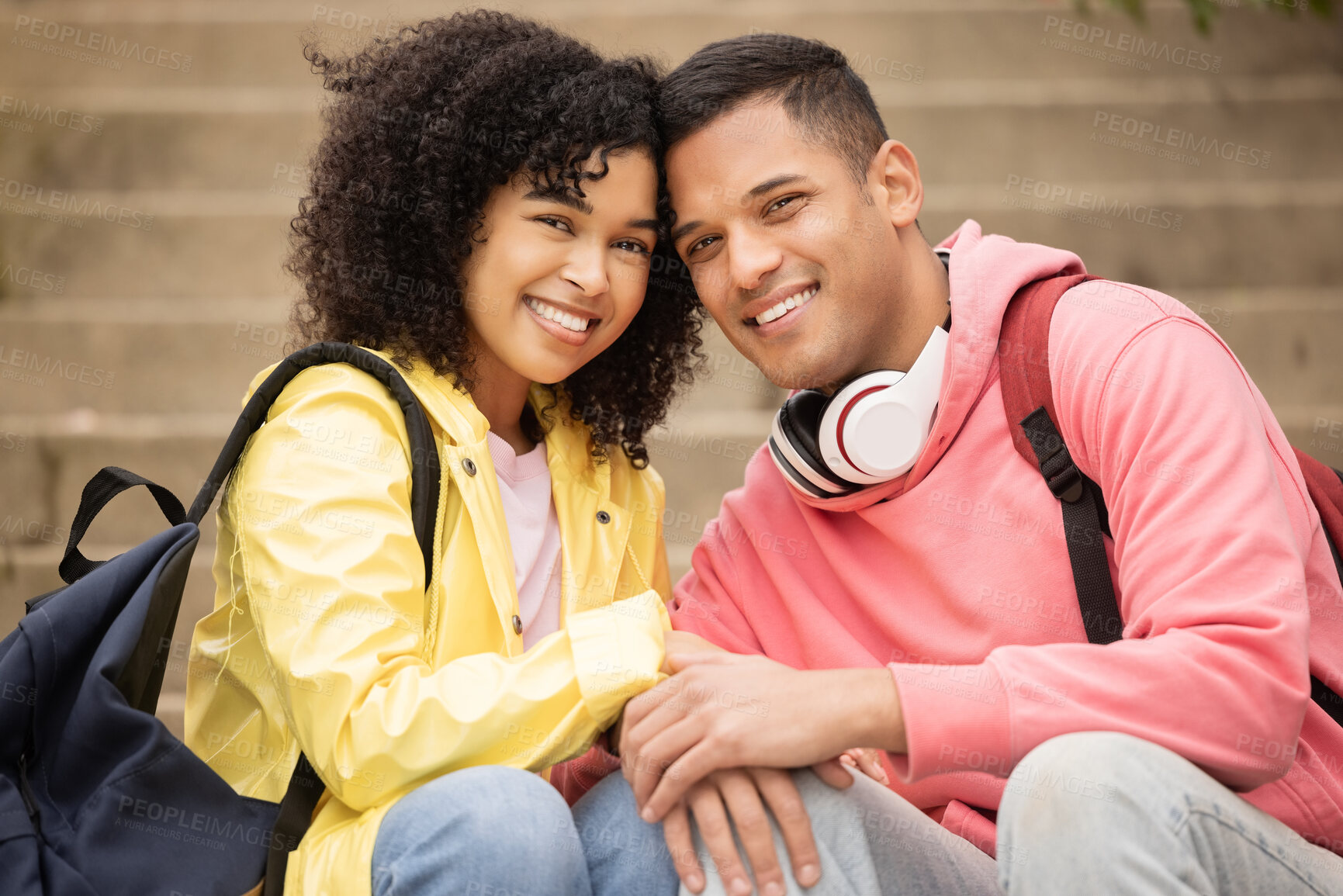 Buy stock photo Portrait, learning and stairs with student black couple sitting outdoor together on university campus. Love, education and college with a man and woman bonding on steps while relaxing outside