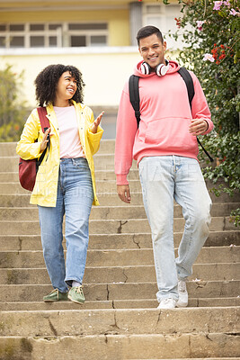 Buy stock photo Walking, students and couple of friends talking on stairs ready for college school education. Learning, student communication and freedom of university graduate woman and man with happiness and smile