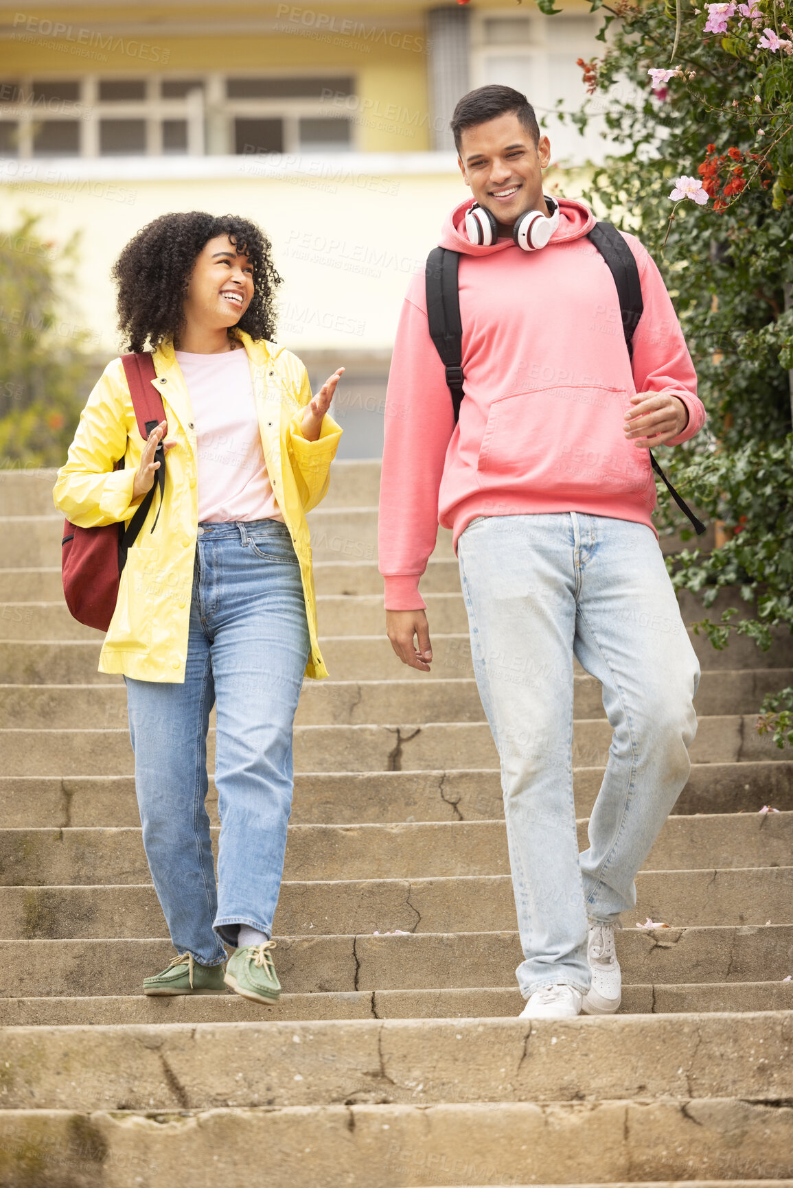 Buy stock photo Walking, students and couple of friends talking on stairs ready for college school education. Learning, student communication and freedom of university graduate woman and man with happiness and smile