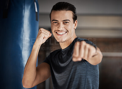 Buy stock photo Man, smile portrait and fist fight for fitness in gym for exercise workout, boxing training and sports wellness. Happy athlete, personal trainer and relax happiness for boxer cardio lifestyle in club