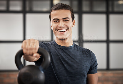 Buy stock photo Gym, fitness and hands with kettlebell for training strong arms, powerful bicep muscles or body strength exercises for balance. Sports, athlete or happy man with weight for bodybuilder workout in gym