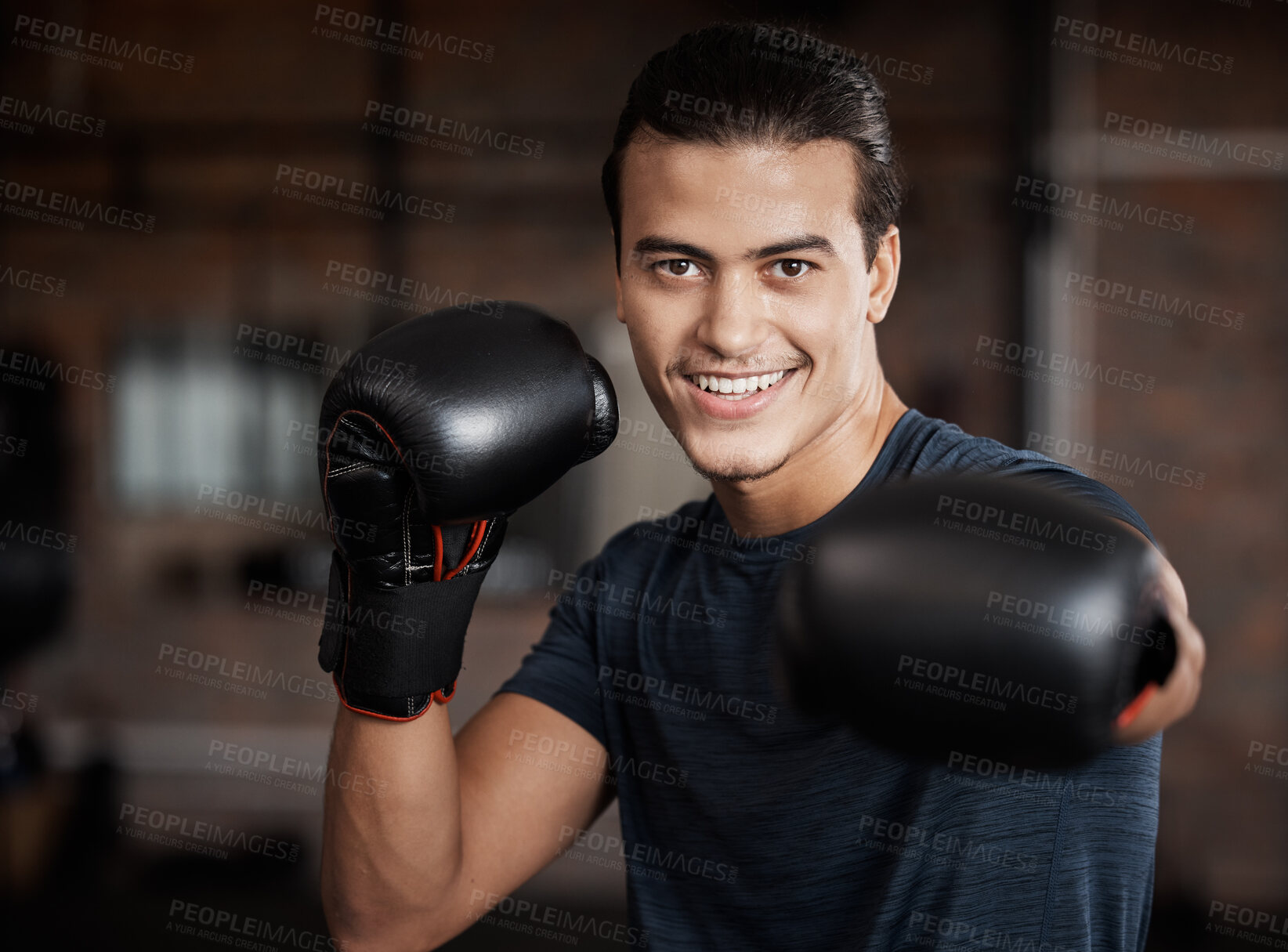 Buy stock photo Portrait, fitness and workout with a boxer man training for a fight or competition in a gym for sports. Health, exercise and power with a young male athlete boxing in an mma or self defense club