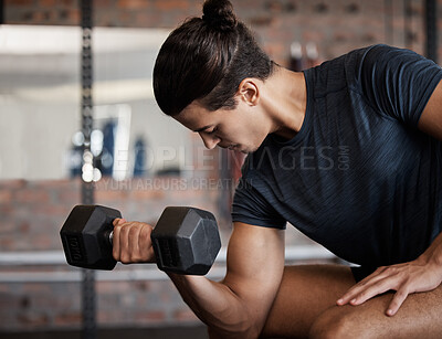 Buy stock photo Fitness, bicep and dumbbell with a sports man training in a gym for strong or healthy muscles. Happy. exercise and weightlifting with a male athlete or bodybuilder in a health club for a workout