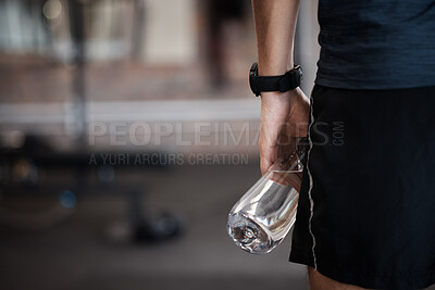 Buy stock photo Water bottle, fitness and gym sports of a man at a wellness, training and exercise club with mockup. Sports, workout and athlete with mock up space ready for muscle and body development alone