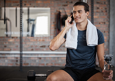Buy stock photo Fitness, man and phone call with water bottle on bench with smile for conversation after workout at gym. Happy sporty male on smartphone in communication while taking a break from intense training