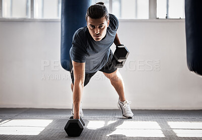 Buy stock photo Exercise, fitness and man with dumbbells for push up in gym for workout, training or exercising. Sports, portrait or male bodybuilder or athlete with dumbbell to pushup for health, muscle or strength