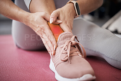 Buy stock photo Woman, legs and ankle pain for fitness run, exercise training or medical accident in health gym. Athlete hands, joint pain and leg injury emergency or swollen muscle tension for runner workout
