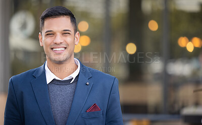 Buy stock photo businessman, success smile portrait and outdoor city for leader motivation, goals management or happiness vision. Corporate male, manager and positive mindset energy or achievement in cityscape

