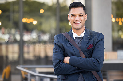 Buy stock photo City portrait, confidence and happy businessman, real estate agent or property developer with arms crossed. Mockup worker, confident person or corporate employee relax in urban San Francisco street