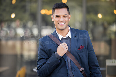 Buy stock photo Portrait, confidence and happy business man, real estate agent or property developer with pride in job career. Urban city, confident person or relax corporate employee with smile in San Francisco