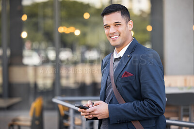 Buy stock photo Phone, portrait and happy businessman in the city with success, leadership and confidence. Technology, mobile and professional corporate manager with a smile networking on a cellphone in the town.
