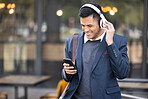 Headphones, black man and 5g phone listening with music streaming ready for work. Social media, mobile 5g connection and professional with web business podcast on technology and internet with bokeh