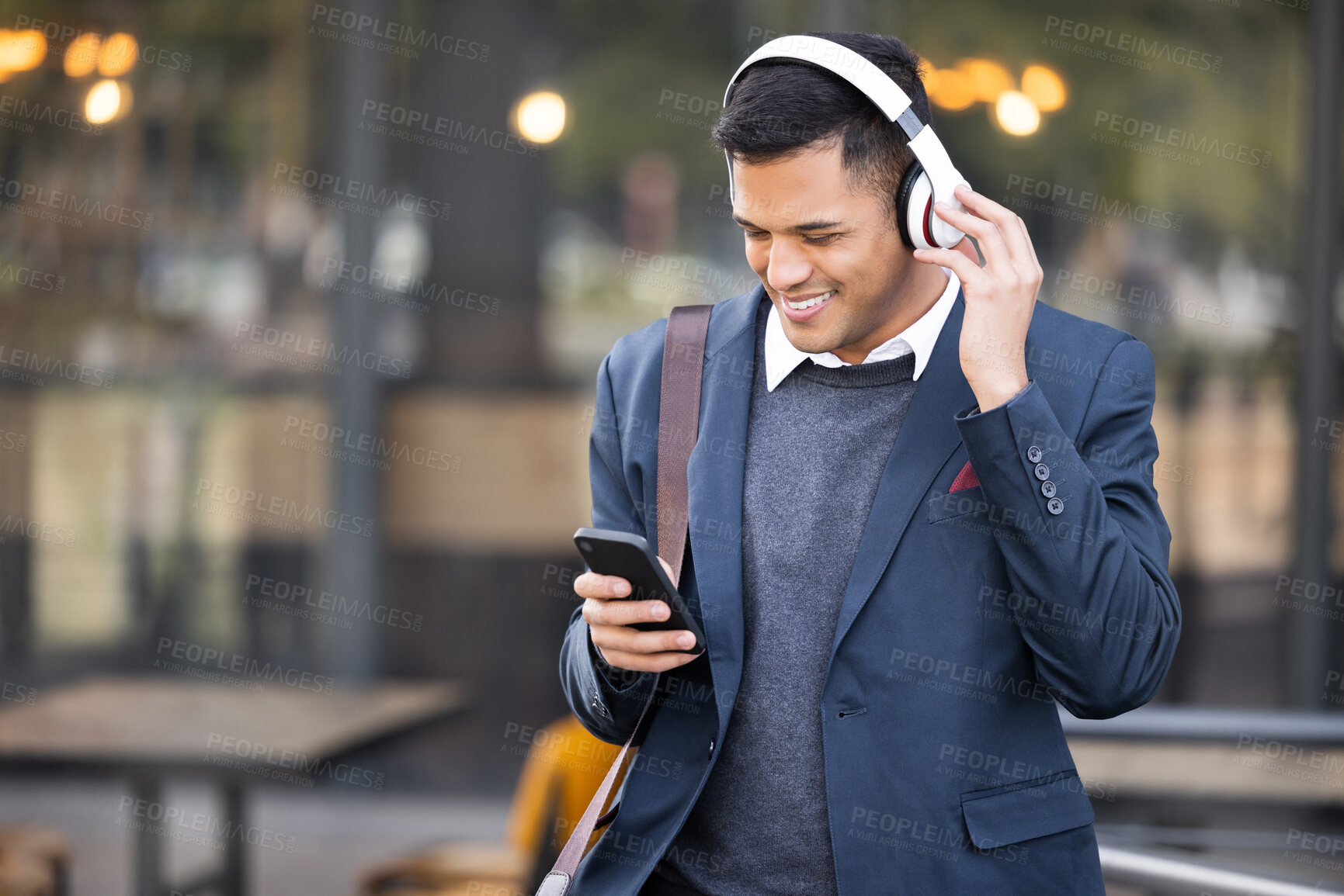 Buy stock photo Headphones, black man and 5g phone listening with music streaming ready for work. Social media, mobile 5g connection and professional with web business podcast on technology and internet with mockup