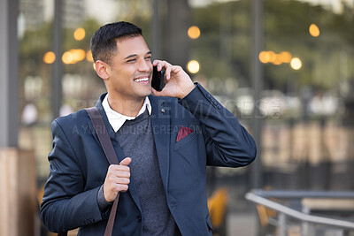 Buy stock photo Business man, phone call with communication and networking with smartphone outdoor and technology in city. Corporate professional, mobile and conversation with 5g network, b2b and contact mockup