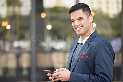 Buy stock photo Cellphone, portrait and businessman outdoor in the city with success, leadership and confidence. Technology, mobile and happy professional corporate manager networking on a cellphone in the town.