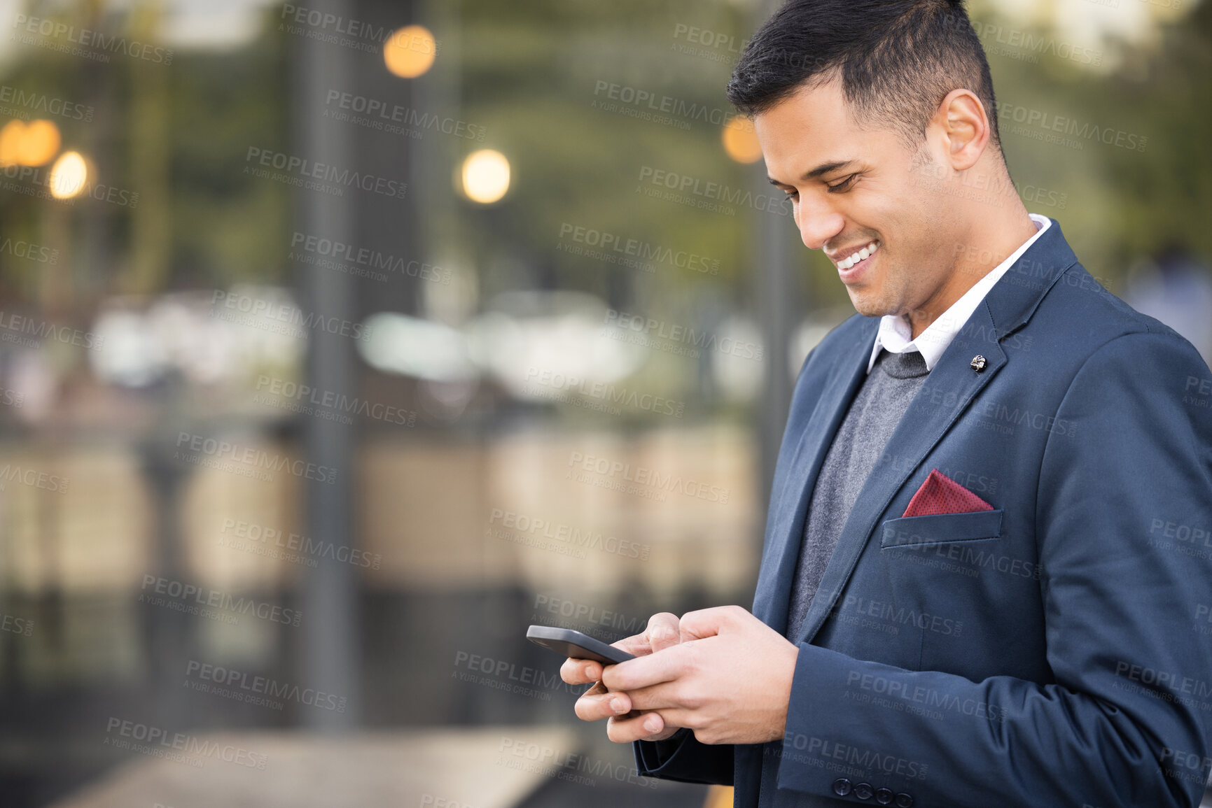 Buy stock photo Happy, travel or business man with phone for networking, social media or communication in London street. Search, smile or manager with smartphone for research, internet or blog content review outdoor