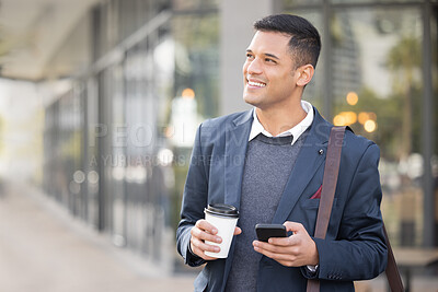 Buy stock photo Businessman, smartphone thinking and coffee in city with smile, mission and walk with social media app. Man, phone and street with tea, drink and happy vision for career success at finance company