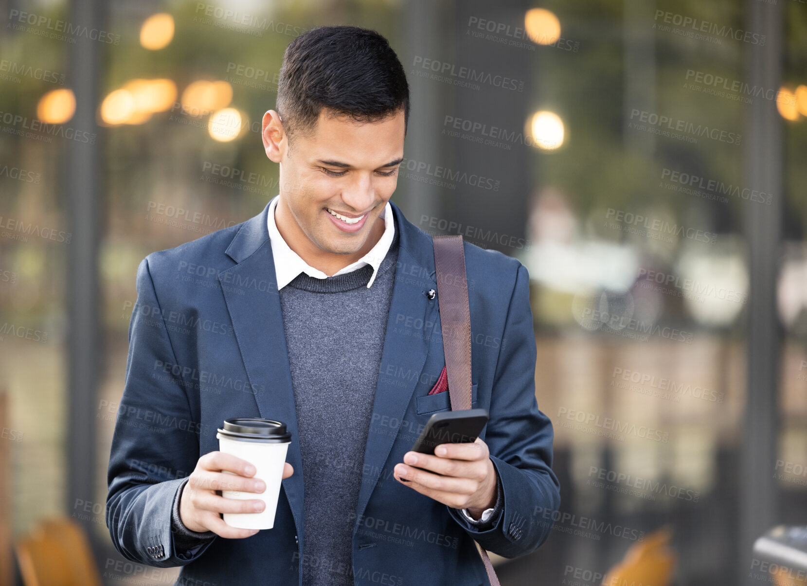 Buy stock photo Travel, happy or business man with phone for networking, social media or communication in London street. Search, Coffee or manager on smartphone for research, internet or blog content review outdoor