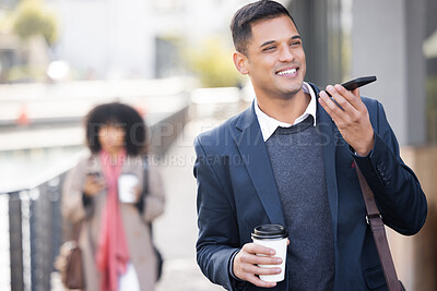 Buy stock photo Happy, travel or business man with phone call, audio memo or virtual assistant in city, road or street in London. 5g network, smile or employee on smartphone networking, communication or contact us