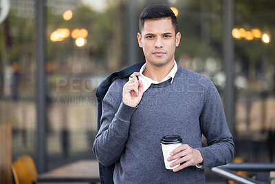 Buy stock photo City portrait, coffee break and businessman confident, walking and on travel journey in urban San Francisco. Mockup employee, tea or relax worker, agent or person on morning commute to corporate work
