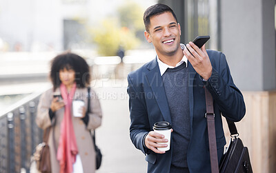 Buy stock photo Happy, virtual assistant or business people with phone call for contact us, communication or networking in London street. Smile, 5g network or employee man on smartphone for speaking, travel or memo