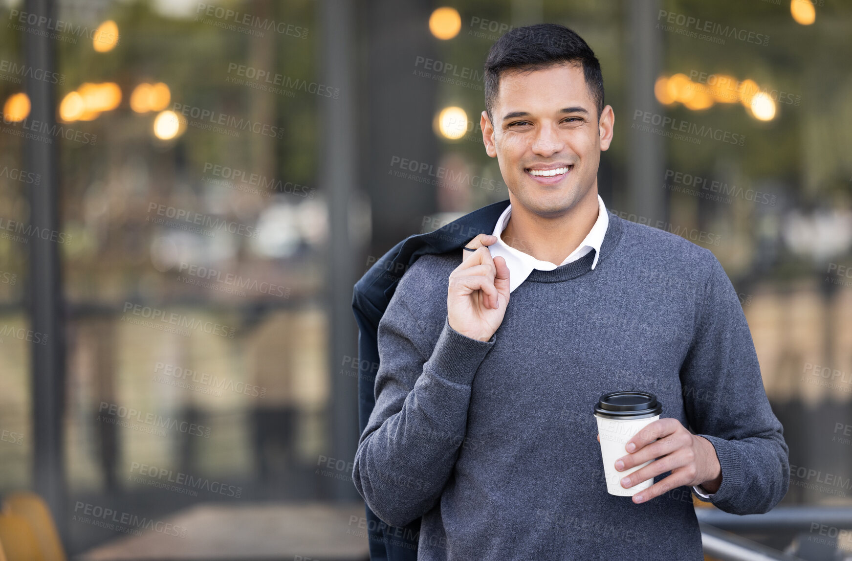 Buy stock photo City portrait, coffee break and happy businessman walking, smile and on travel journey in urban New York. Mockup employee, tea and relax worker, agent or person on morning commute to office building