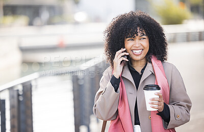 Buy stock photo Happy, travel or black woman with phone call for contact us, speaking or networking in London street. Smile, 5g network or employee with smartphone for strategy, communication or success planning