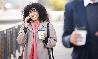 Buy stock photo Happy, travel or business woman with phone call for contact us, schedule or networking in London street. Smile, 5g network or speaking on smartphone for strategy, communication or success planning
