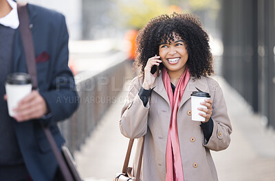 Buy stock photo Happy, travel or business woman with phone call for contact us, schedule or networking in London street. Smile, 5g network or speaking on smartphone for communication or success planning 