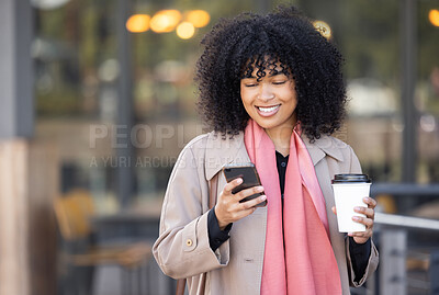 Buy stock photo Hands, travel or black woman with phone for networking, social media or communication in London street. Search, coffee or manager with smartphone for research, internet or blog content review outdoor