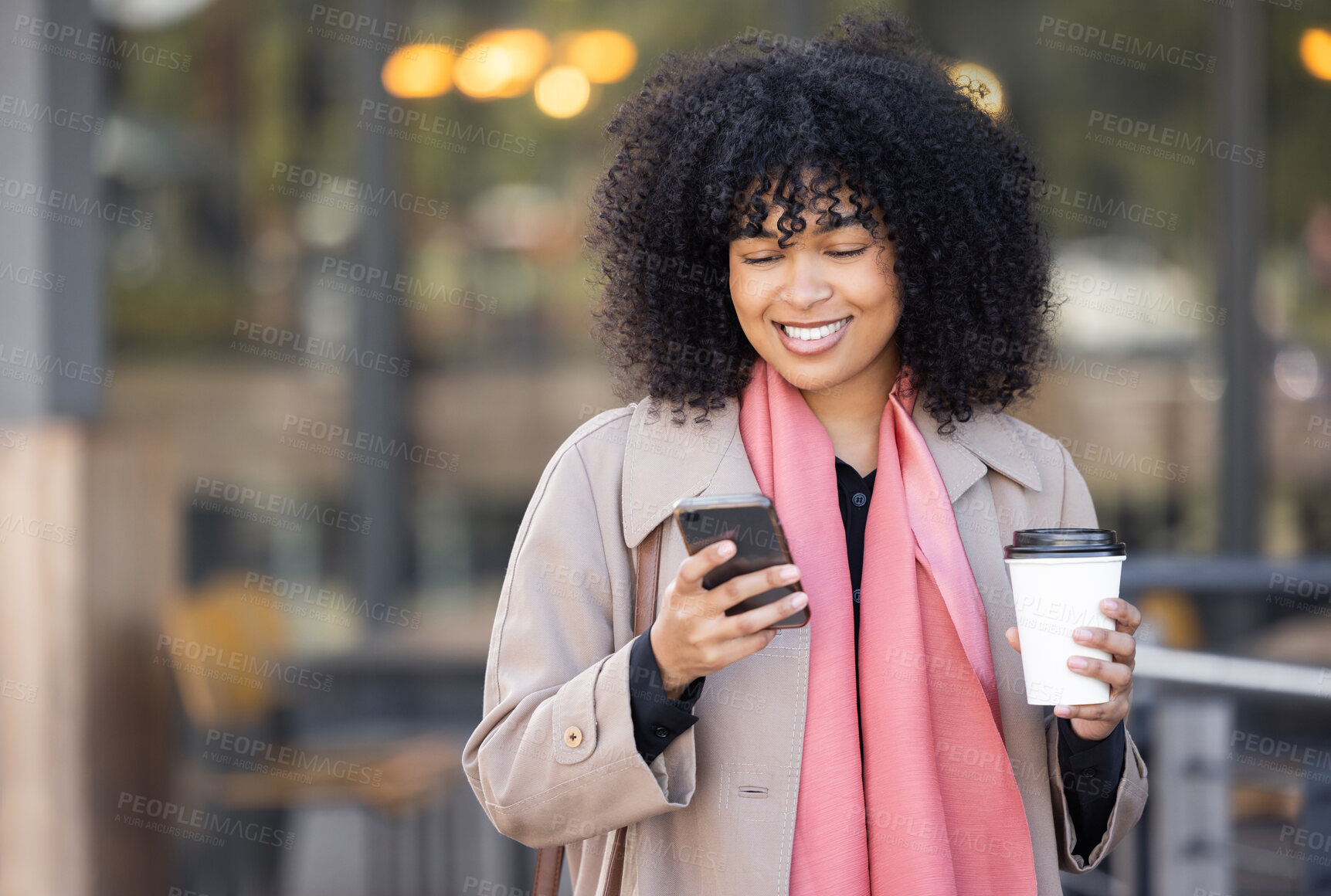 Buy stock photo Hands, travel or black woman with phone for networking, social media or communication in London street. Search, coffee or manager with smartphone for research, internet or blog content review outdoor
