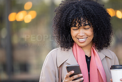Buy stock photo Happy, travel or black woman with phone for networking, social media or communication in London street. Search, smile or manager with smartphone for research, internet or blog content review outdoor