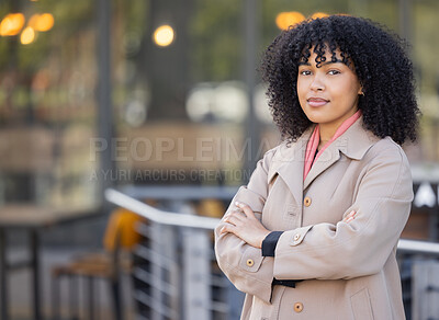 Buy stock photo Portrait, fashion or mockup and a business black woman in the city standing arms crossed with future vision. Mindset, mission and growth with a female employee outdoor in an urban town for work