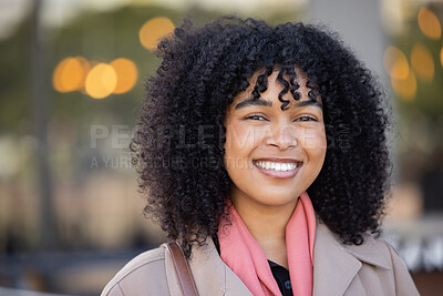 Buy stock photo Happy woman, portrait and city travel with a smile while outdoor on London street with freedom. Face of young black person with natural afro hair, beauty and fashion style during student holiday walk